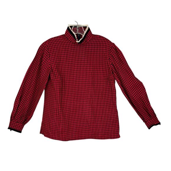 Vintage High Collar Taffeta Gingham Blouse Coquette Prairie Edwardian Medium - Picture 12 of 14